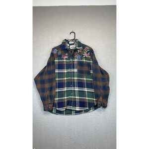 Vintage Carol Horn Shirt Womens XL Green Plaid Floral Embroidered‎ Flannel 90s